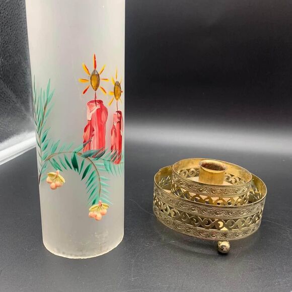 Vintage Frosted Glass Hurricane Candle Holder w/ Metal Base Hand Painted - Picture 6 of 7